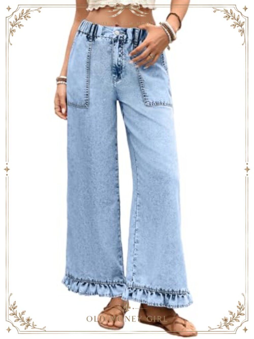 Wide Leg High Waisted Ruffle Hem Jeans Cotton Stretch Denim Pants